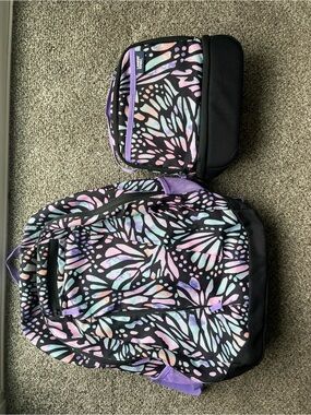 Lands' End Black Backpack and Lunch Bag with Pastel Butterfly Print